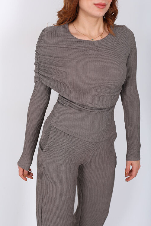 Yaka Detaylı Büzgülü Vizon Kadın Fitilli Takım - Berox (1)