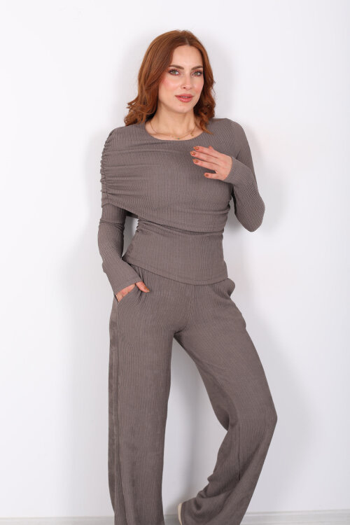 Yaka Detaylı Büzgülü Vizon Kadın Fitilli Takım - 4