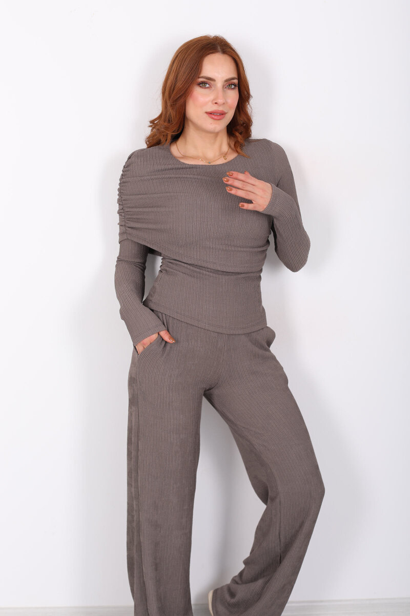 Yaka Detaylı Büzgülü Vizon Kadın Fitilli Takım - 4