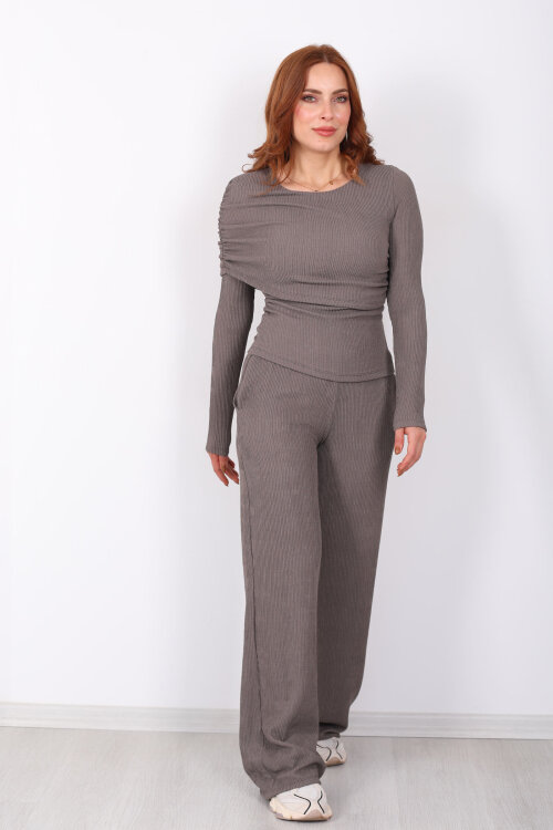 Yaka Detaylı Büzgülü Vizon Kadın Fitilli Takım - 3