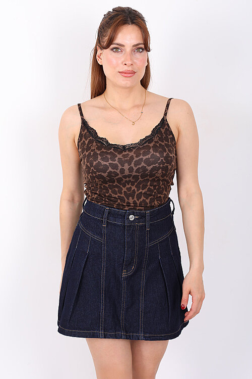 Yaka Güpürlü Askılı Kadın Leopar Bluz - 3