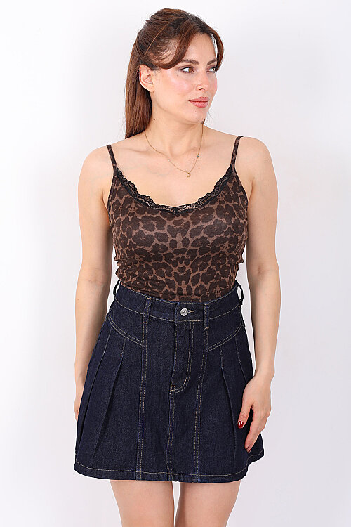 Yaka Güpürlü Askılı Kadın Leopar Bluz - Berox