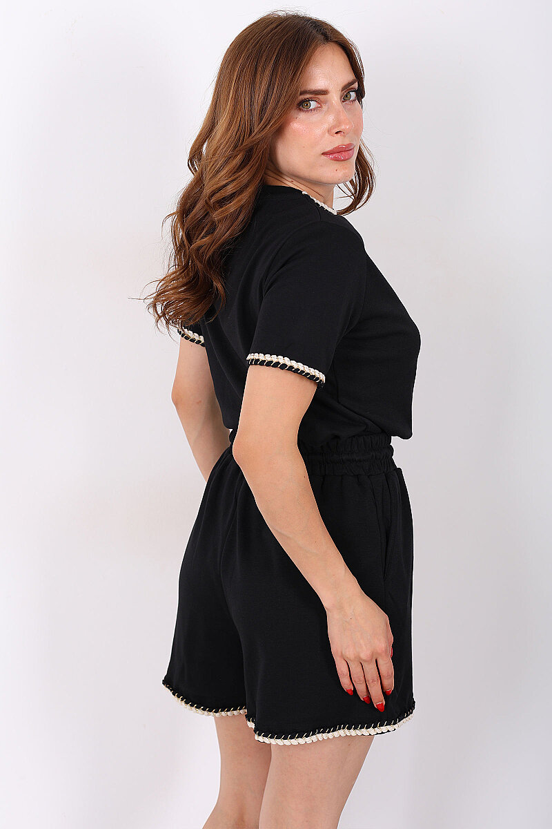Yaka Kol Garnili Bisiklet Yaka Siyah Kadın Bluz - 2