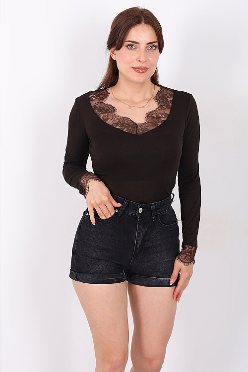 Yaka Kol Güpürlü Kadın Acı Kahve V-Yaka Body - 4