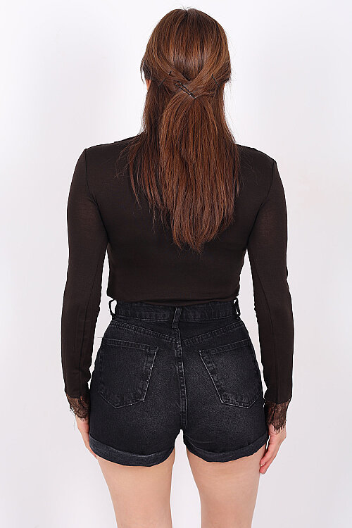 Yaka Kol Güpürlü Kadın Acı Kahve V-Yaka Body - 5