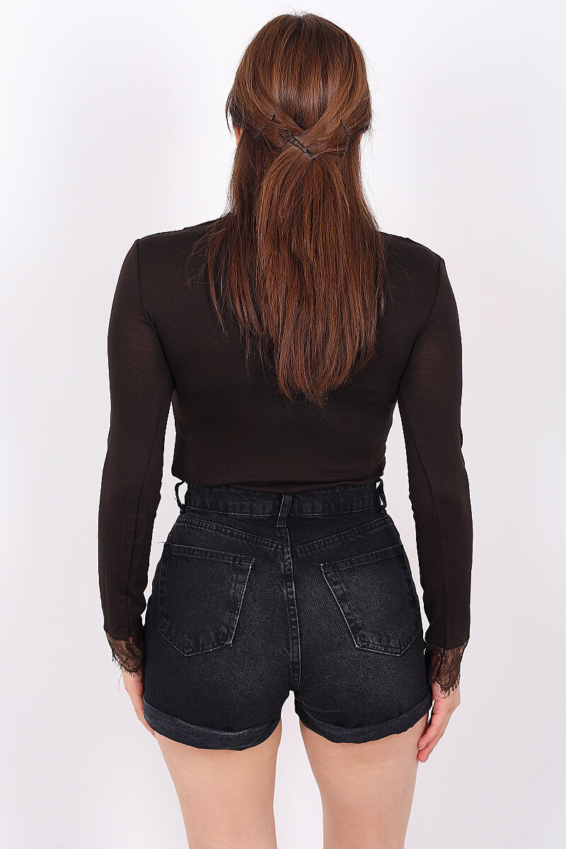 Yaka Kol Güpürlü Kadın Acı Kahve V-Yaka Body - 5