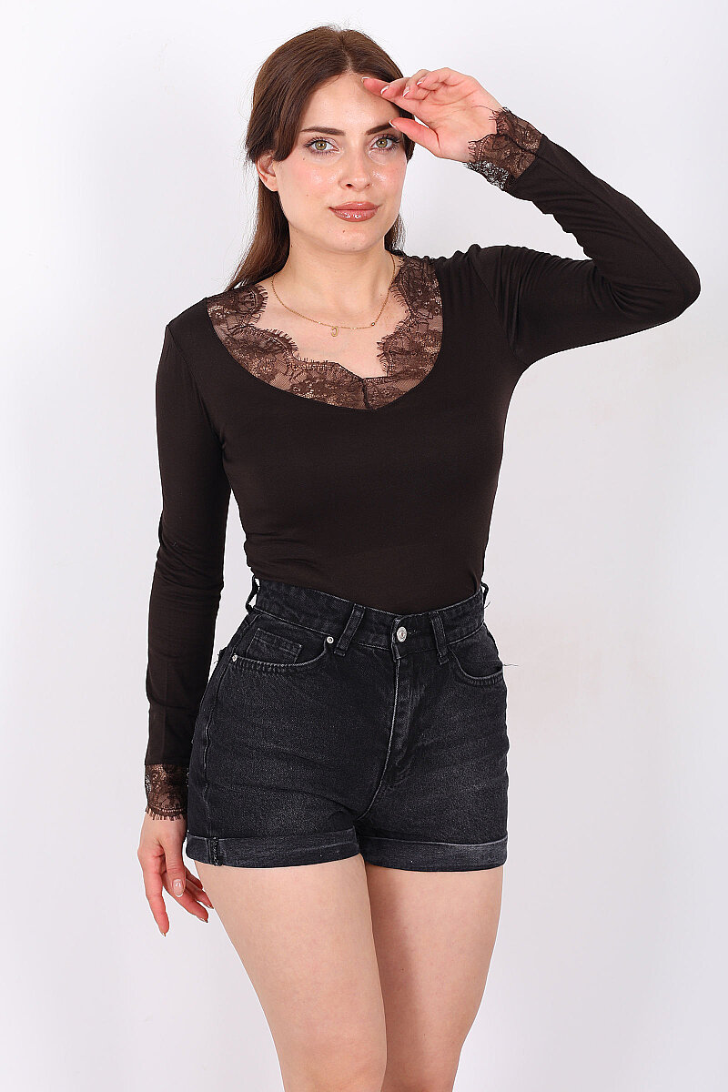 Yaka Kol Güpürlü Kadın Acı Kahve V-Yaka Body - 1