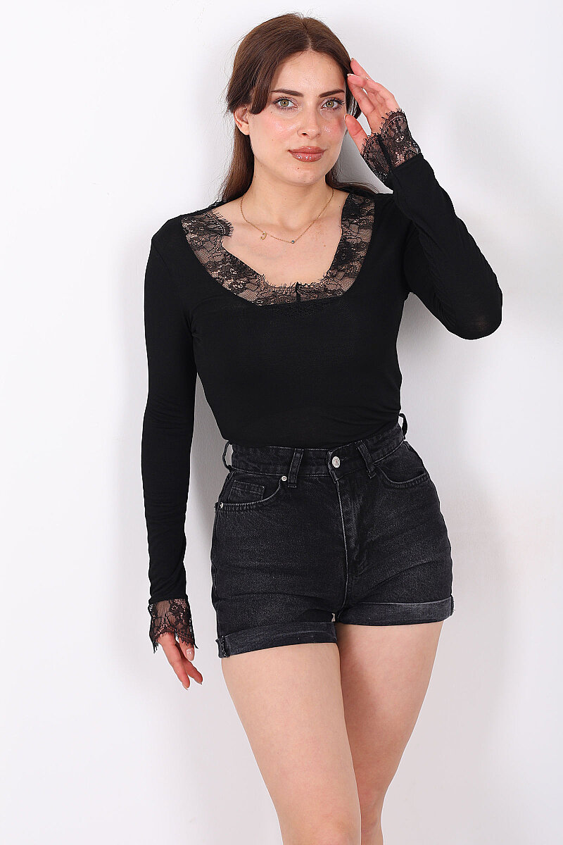 Yaka Kol Güpürlü Kadın Siyah V-Yaka Body - 3