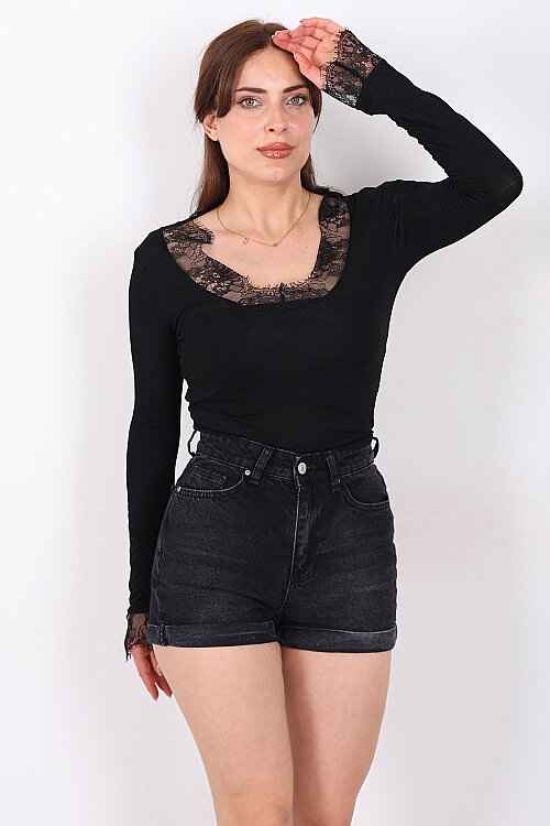 Yaka Kol Güpürlü Kadın Siyah V-Yaka Body - 6