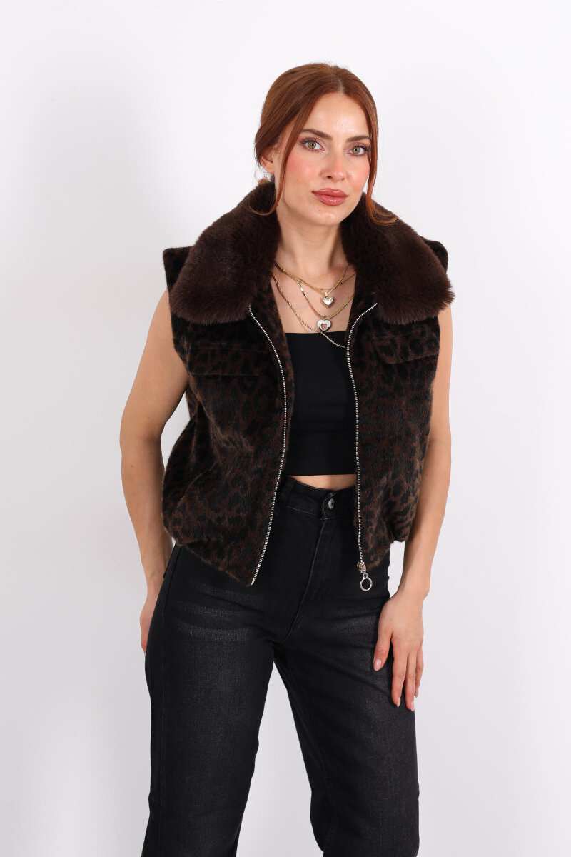 Yaka Kürklü Fermuarlı Leopar Acı Kahve Kadın Yelek - 7