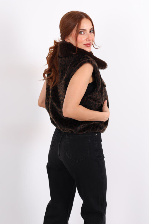 Yaka Kürklü Fermuarlı Leopar Acı Kahve Kadın Yelek - 5