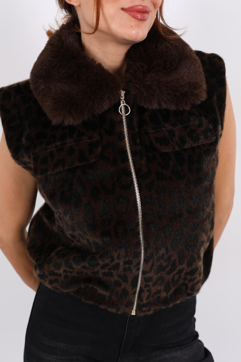Yaka Kürklü Fermuarlı Leopar Acı Kahve Kadın Yelek - 2