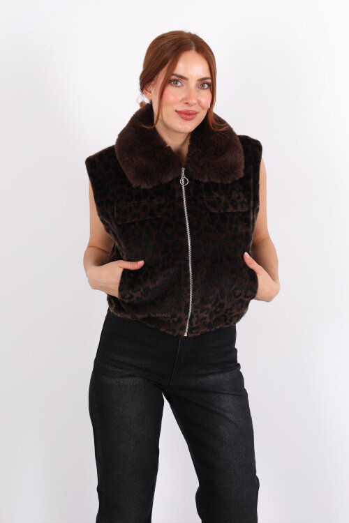 Yaka Kürklü Fermuarlı Leopar Acı Kahve Kadın Yelek - 4