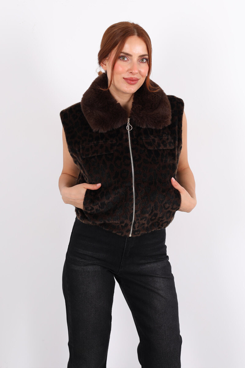 Yaka Kürklü Fermuarlı Leopar Acı Kahve Kadın Yelek - 4