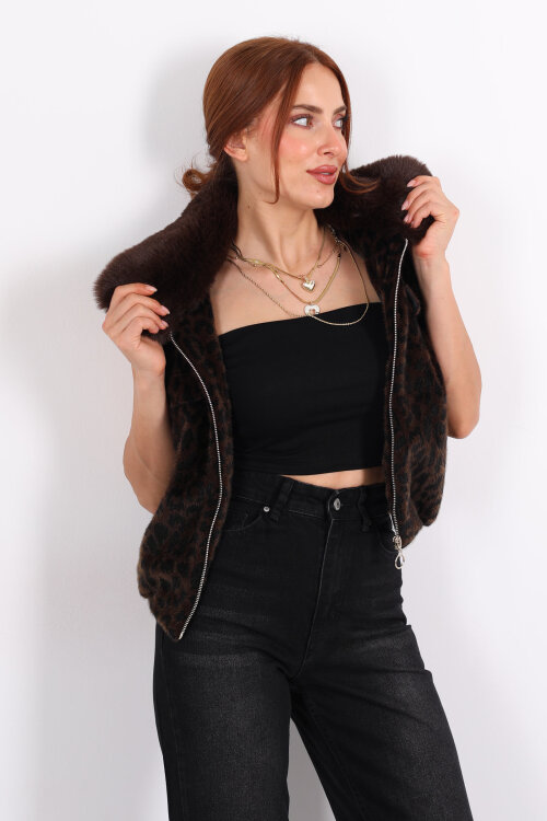 Yaka Kürklü Fermuarlı Leopar Acı Kahve Kadın Yelek - Berox