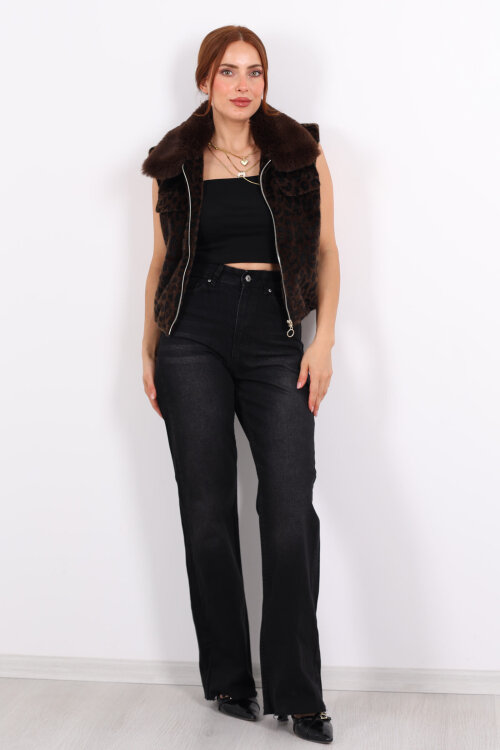 Yaka Kürklü Fermuarlı Leopar Acı Kahve Kadın Yelek - 3