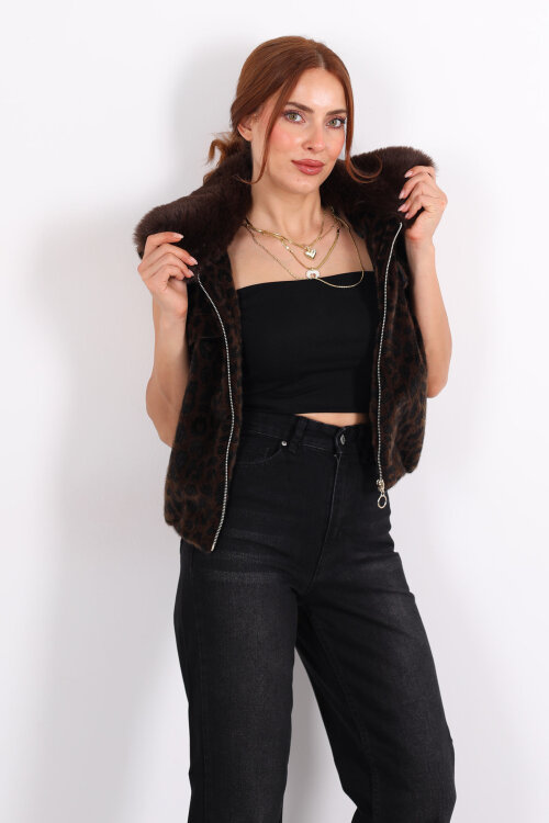 Yaka Kürklü Fermuarlı Leopar Acı Kahve Kadın Yelek - 6