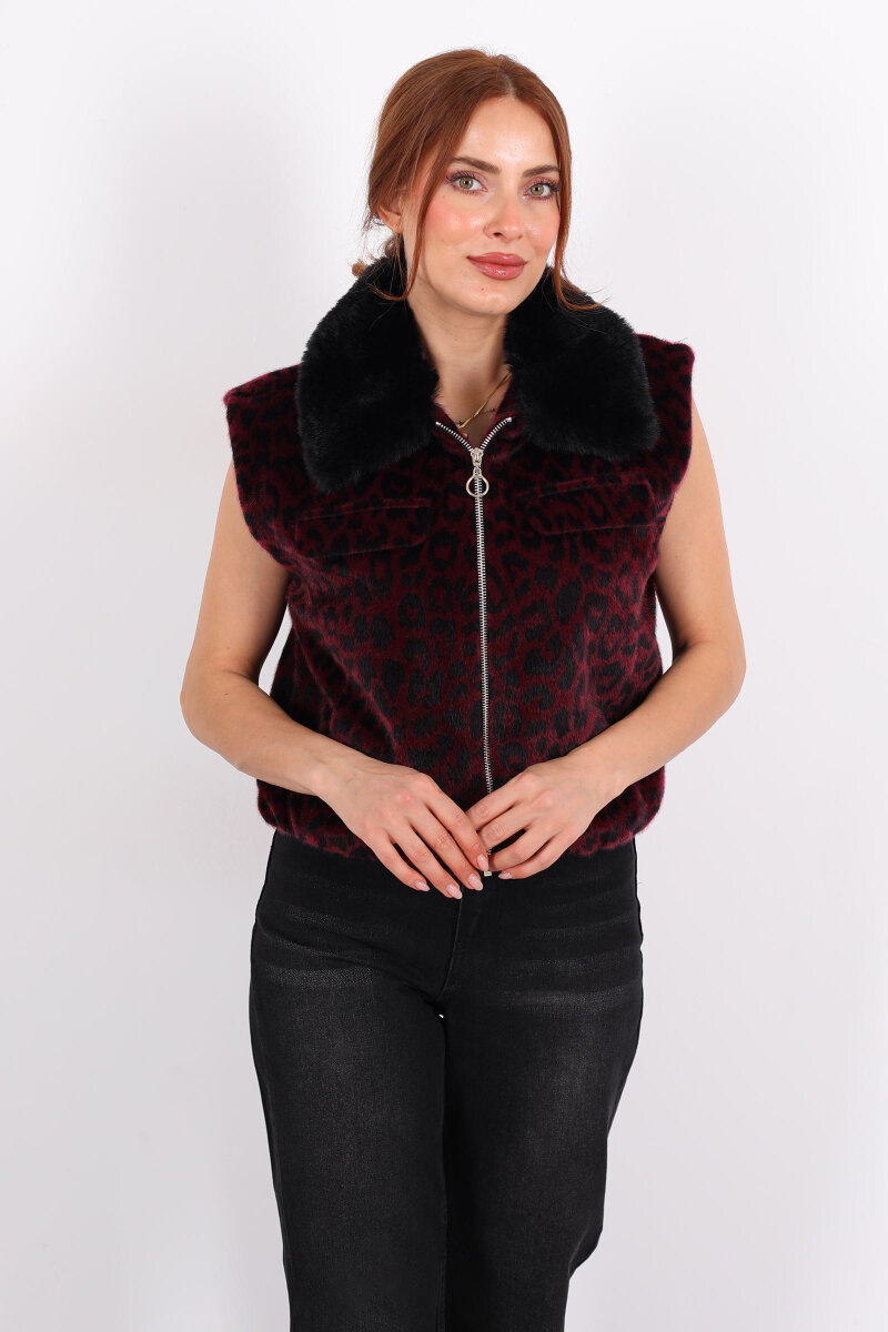 Yaka Kürklü Fermuarlı Leopar Bordo Kadın Yelek - 3