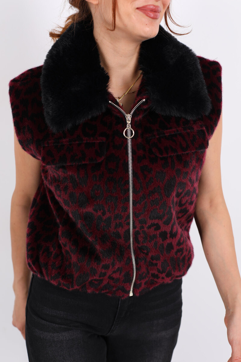 Yaka Kürklü Fermuarlı Leopar Bordo Kadın Yelek - 2