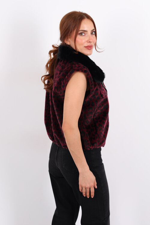 Yaka Kürklü Fermuarlı Leopar Bordo Kadın Yelek - 5