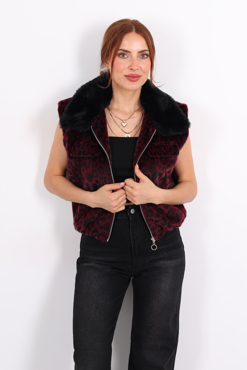Yaka Kürklü Fermuarlı Leopar Bordo Kadın Yelek - 6