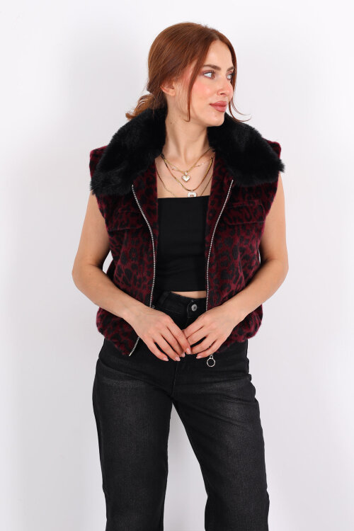 Yaka Kürklü Fermuarlı Leopar Bordo Kadın Yelek - 4