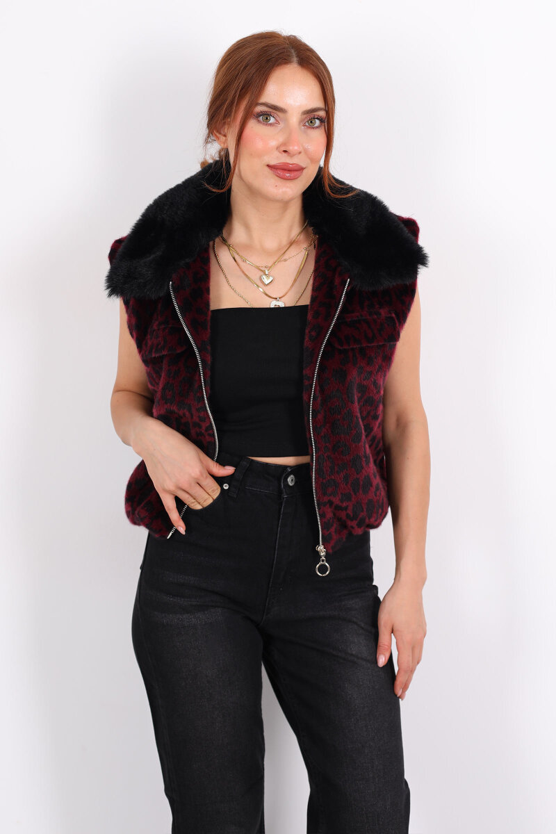 Yaka Kürklü Fermuarlı Leopar Bordo Kadın Yelek - 1