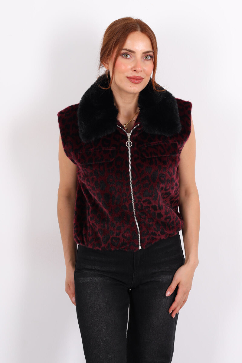 Yaka Kürklü Fermuarlı Leopar Bordo Kadın Yelek - 7
