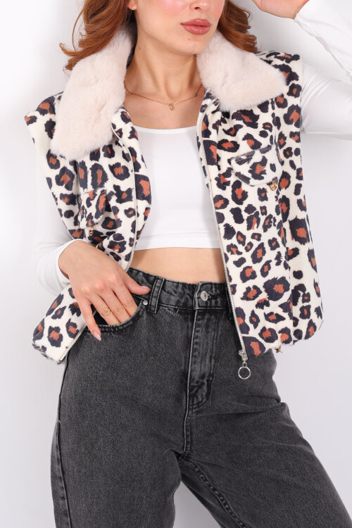 Yaka Kürklü Fermuarlı Leopar Kadın Yelek - Berox (1)