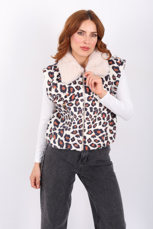 Yaka Kürklü Fermuarlı Leopar Kadın Yelek - 4