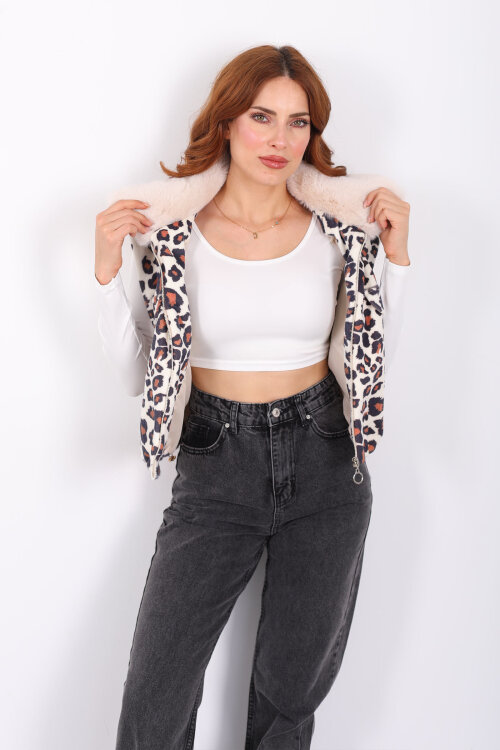 Yaka Kürklü Fermuarlı Leopar Kadın Yelek - 3