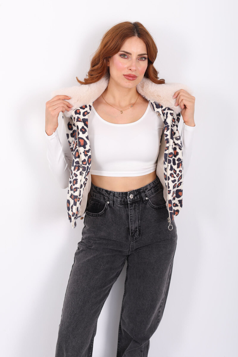 Yaka Kürklü Fermuarlı Leopar Kadın Yelek - 3