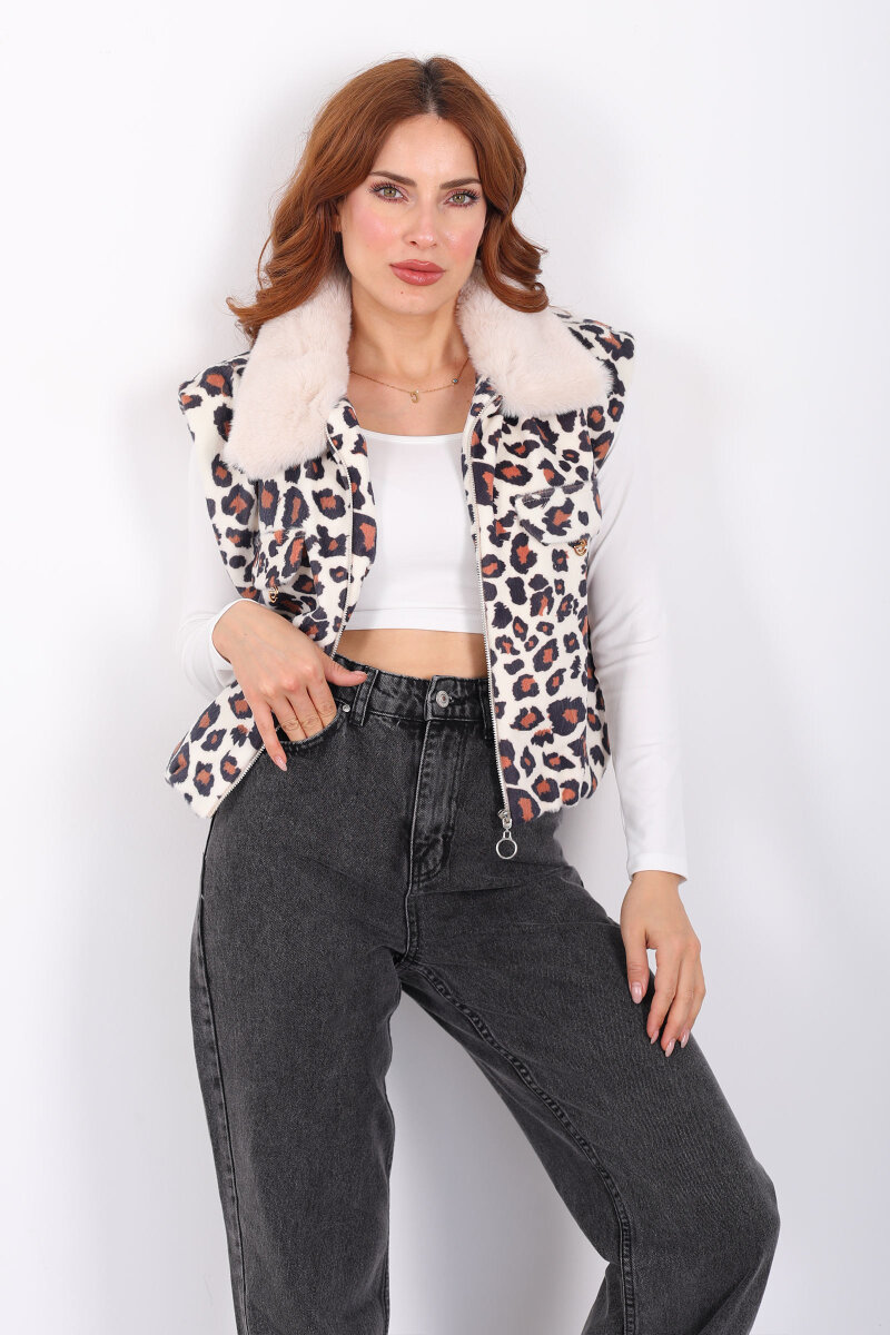 Yaka Kürklü Fermuarlı Leopar Kadın Yelek - 6