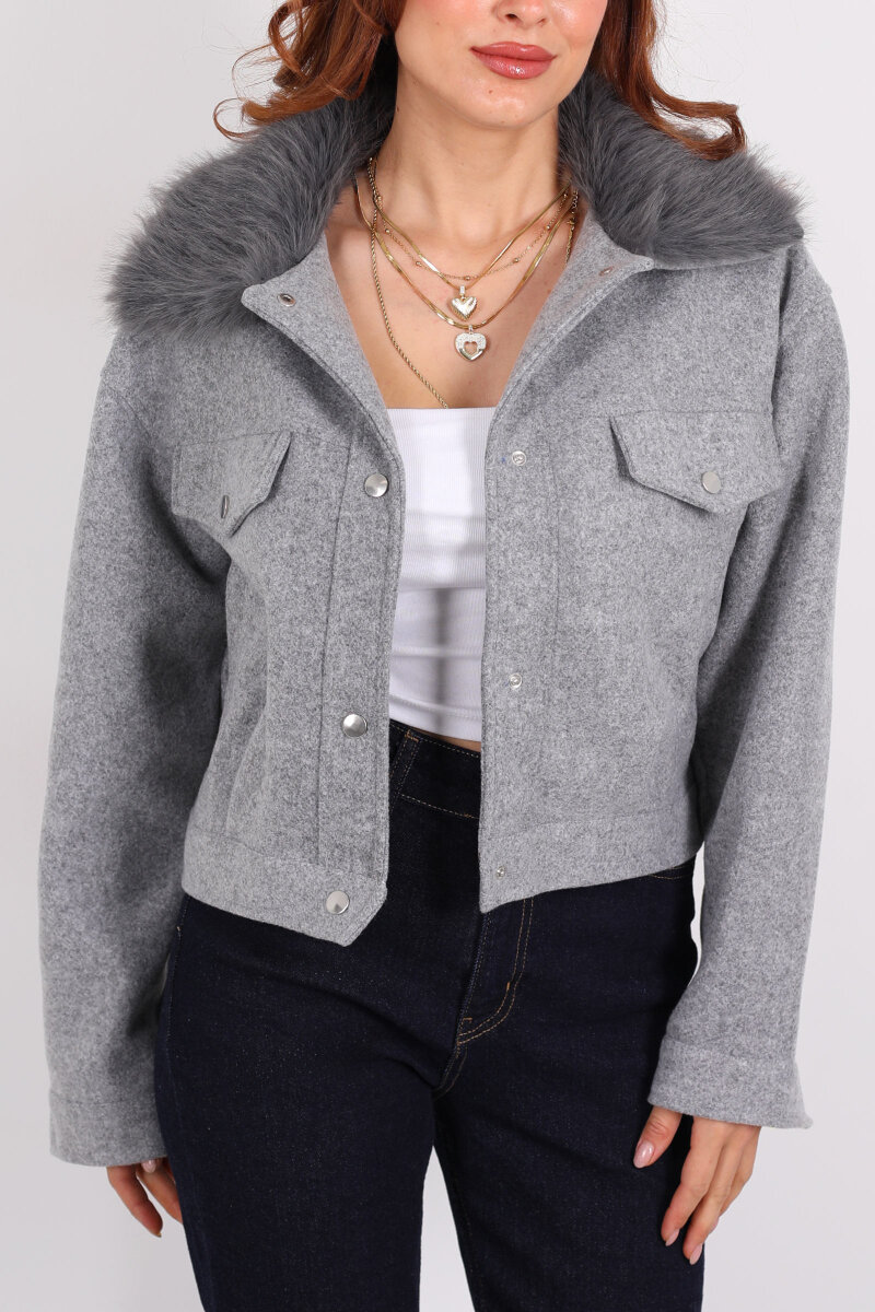 Yaka Kürklü Gri Kadın Kısa Kaşe Kaban - 2