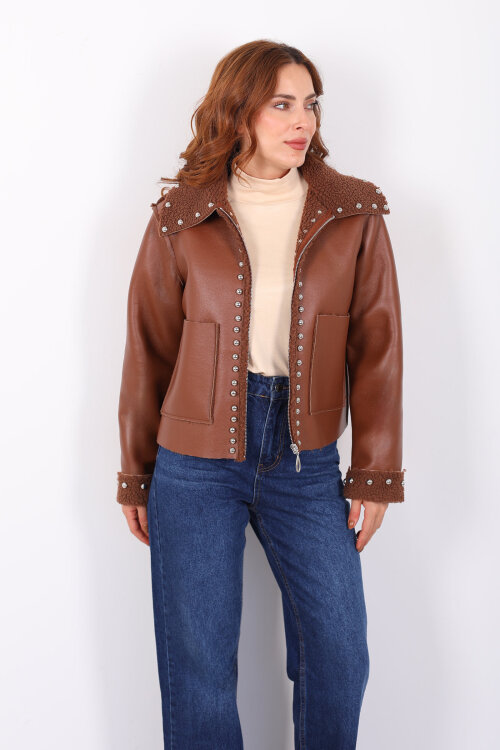 Yaka Kürklü Zımbalı Kahverengi Kadın Deri Mont - 3