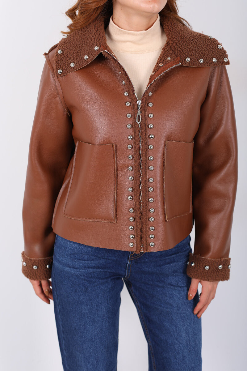 Yaka Kürklü Zımbalı Kahverengi Kadın Deri Mont - 2