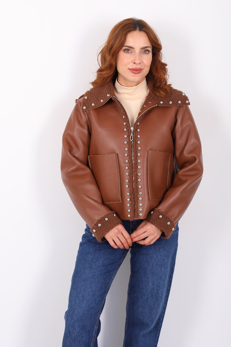 Yaka Kürklü Zımbalı Kahverengi Kadın Deri Mont - 4