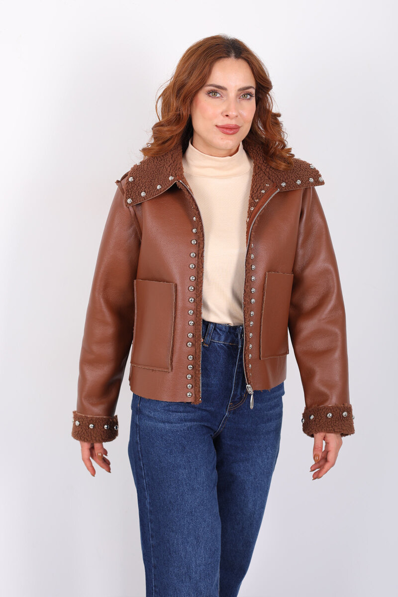 Yaka Kürklü Zımbalı Kahverengi Kadın Deri Mont - 5