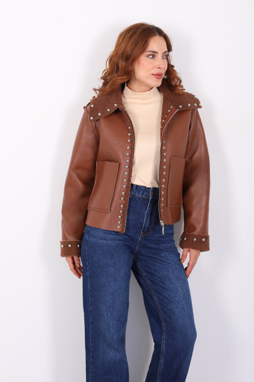 Yaka Kürklü Zımbalı Kahverengi Kadın Deri Mont - 7