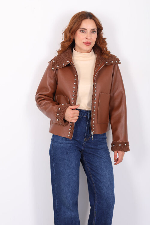 Yaka Kürklü Zımbalı Kahverengi Kadın Deri Mont - Berox