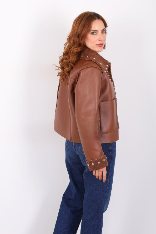 Yaka Kürklü Zımbalı Kahverengi Kadın Deri Mont - 6