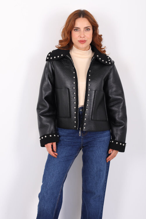 Yaka Kürklü Zımbalı Siyah Kadın Deri Mont - 7