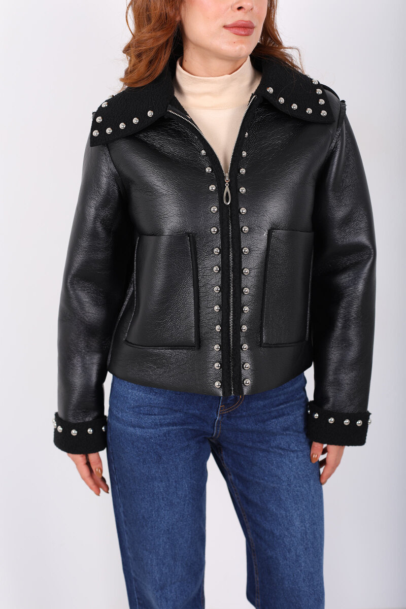 Yaka Kürklü Zımbalı Siyah Kadın Deri Mont - 2