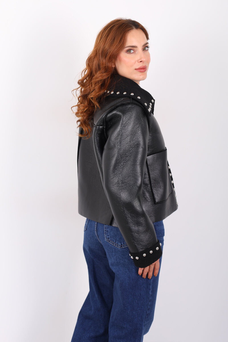 Yaka Kürklü Zımbalı Siyah Kadın Deri Mont - 6