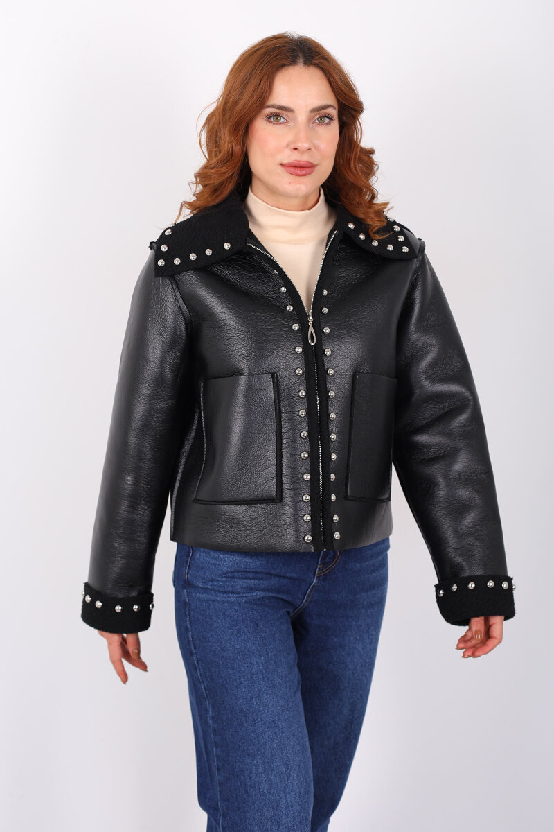 Yaka Kürklü Zımbalı Siyah Kadın Deri Mont - 4