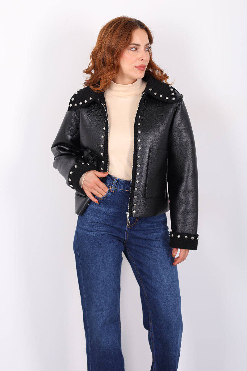 Yaka Kürklü Zımbalı Siyah Kadın Deri Mont - 1