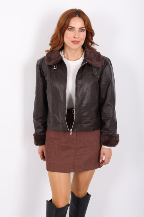 İçi Kürklü Yaka Tokalı Acı Kahve Kadın Deri Ceket - 7