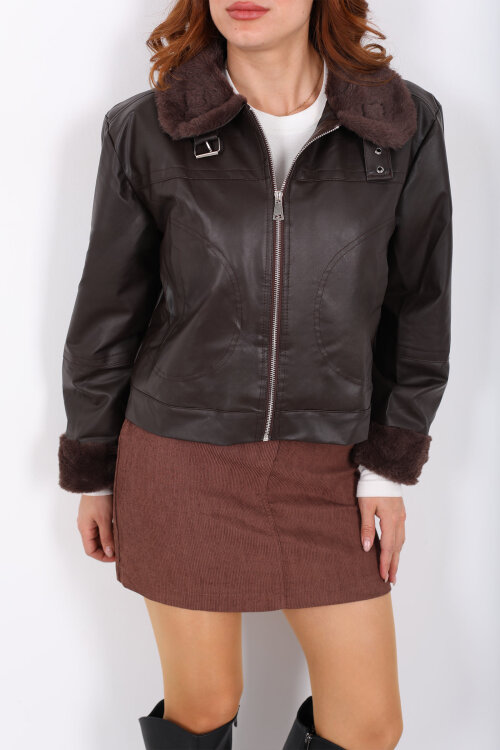 İçi Kürklü Yaka Tokalı Acı Kahve Kadın Deri Ceket - Berox (1)