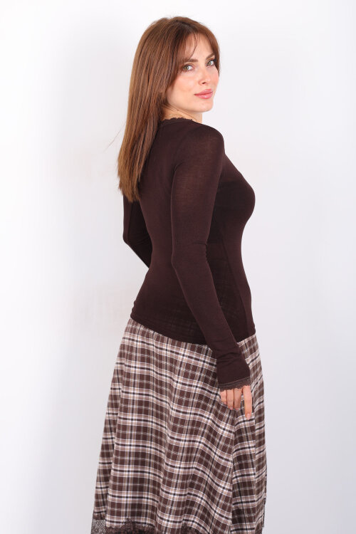 Yaka Ve Kol Dantel Detaylı Kadın Acı Kahve Bluz - 4