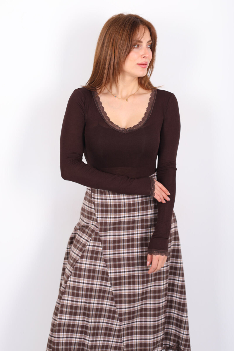 Yaka Ve Kol Dantel Detaylı Kadın Acı Kahve Bluz - 5